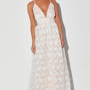 white/beige embroidered lace backless maxi dress